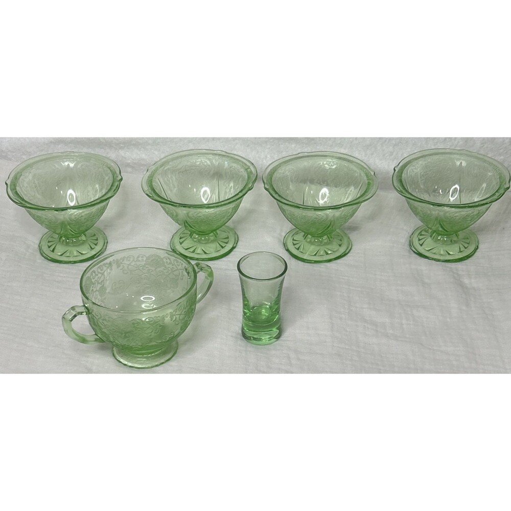 Vtg Uranium Jeanette Cherry Blossoms 4 Dessert Cups ~1 Shot Glass ~1 Sugar Bowl